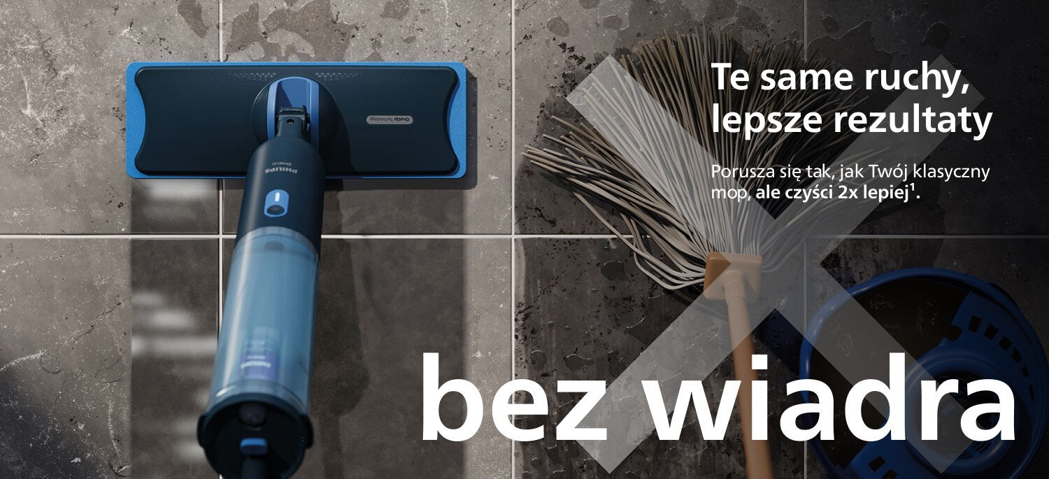 Na obrazie widoczny jest mop elektryczny na tle ciemnych płytek oraz tekst: \'Te same ruchy, lepsze rezultaty. Porusza się tak, jak Twój klasyczny mop, ale czyści 2x lepiej*. bez wiadra\'.
