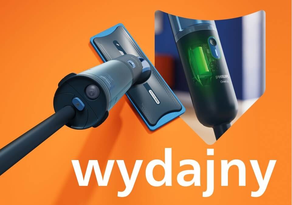 Na pomarańczowym tle widoczny jest elektryczny mop z niebieskimi elementami oraz napis \'wydajny\'. Na mopie znajduje się logo \'PHILIPS OneUp\'.
