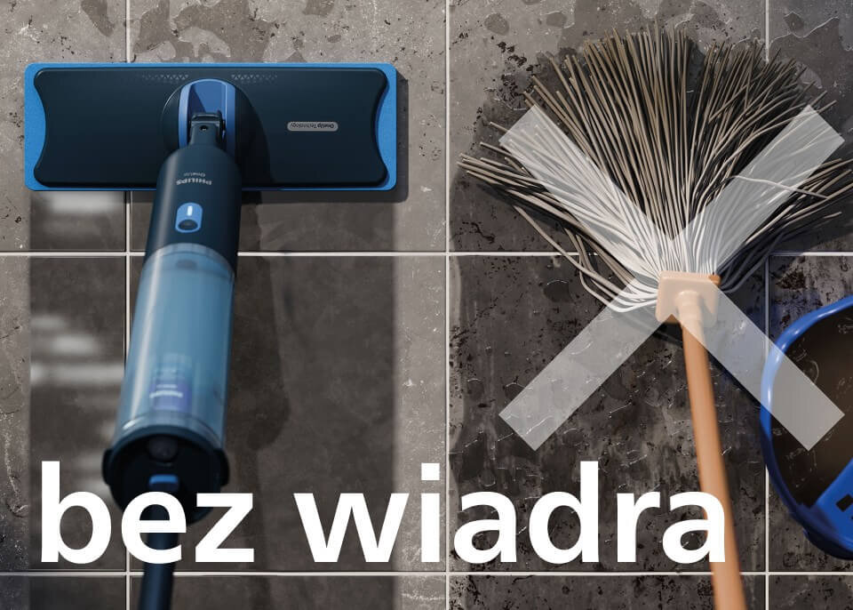 Obraz przedstawia elektryczny mop z logo PHILIPS na tle ciemnych płytek oraz tradycyjną miotłę z wiadrem, przekreśloną białym krzyżem. Na dole widoczny jest tekst \'bez wiadra\'.