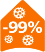 Pomarańczowy kształt z białym tekstem \'-99%\' oraz kilkoma białymi symbolami przypominającymi wirusy lub bakterie.