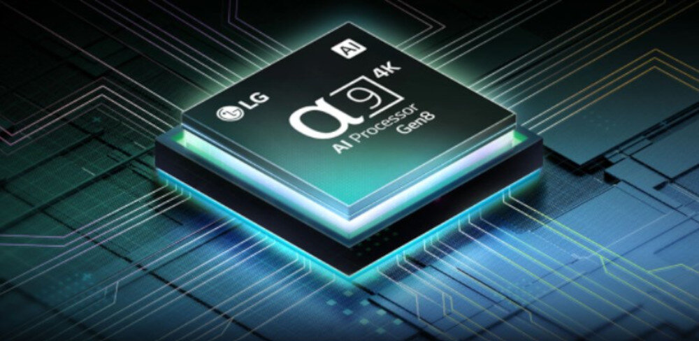 Obraz przedstawia procesor z napisem \'LG α9 AI Processor 4K Gen8\' na tle schematu elektronicznego. Procesor ma podświetlenie w kolorze niebieskim i zielonym.