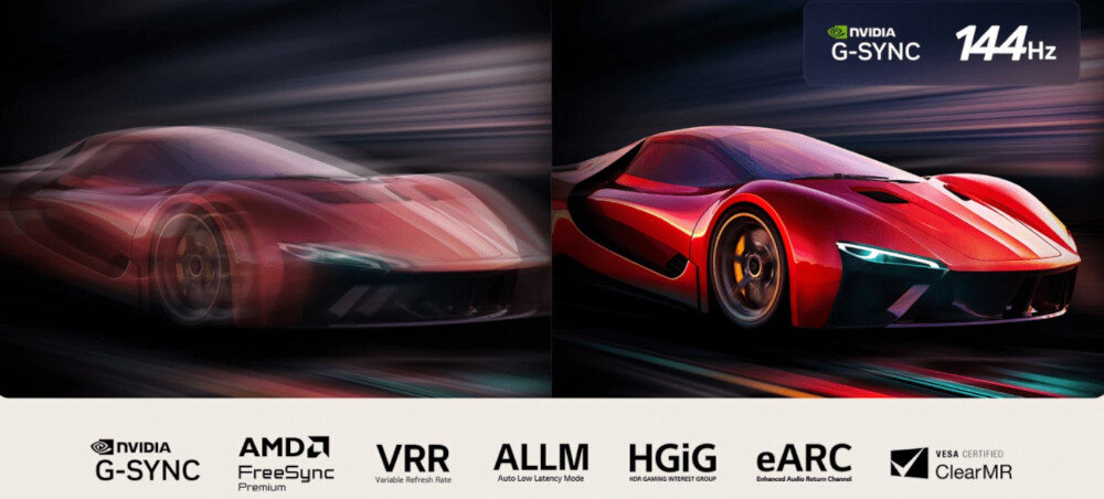 Obraz przedstawia dwa samochody sportowe w ruchu, z efektem rozmycia po lewej stronie i wyraźnym obrazem po prawej. Na dole znajdują się logotypy: NVIDIA G-SYNC, AMD FreeSync Premium, VRR, ALLM, HGiG, eARC, VESA Certified ClearMR oraz napis \'144Hz\'.