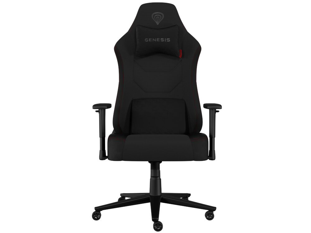 Fotel gamingowy o nowoczesnym designie, z regulowanymi podłokietnikami i kolorowymi akcentami.