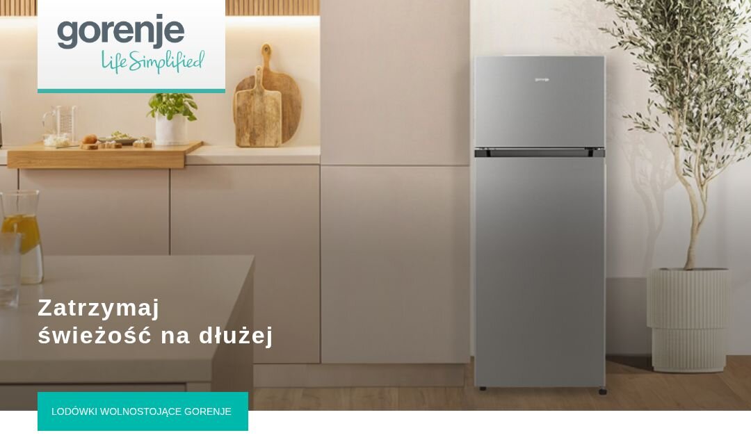 Obraz przedstawia kuchnię z lodówką GORENJE RF414EPS4 w kolorze inox. Na obrazie widoczny jest tekst: \'gorenje Life Simplified\', \'Zatrzymaj świeżość na dłużej\', \'LODÓWKI WOLNOSTOJĄCE GORENJE\'.