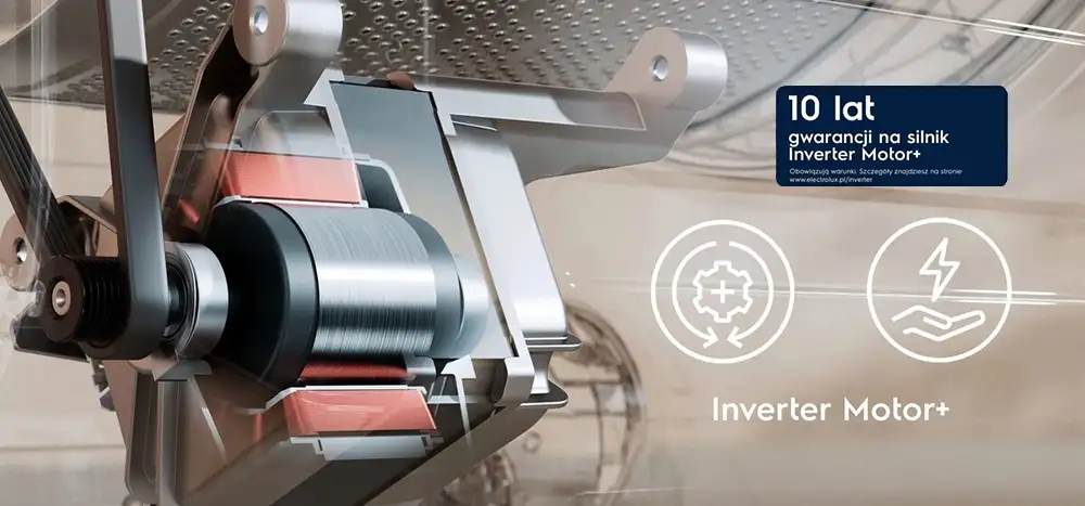 Obraz przedstawia wnętrze pralki z widocznym silnikiem Inverter Motor+. Na obrazie znajduje się tekst: \'10 lat gwarancji na silnik Inverter Motor+\' oraz dwa ikony symbolizujące funkcje silnika.