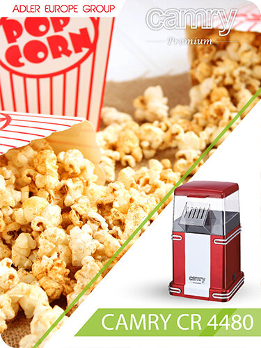 Obraz przedstawia maszynę do popcornu w kolorze czerwonym z białymi elementami, obok której znajduje się popcorn w papierowym opakowaniu. Widoczne są napisy: \'ADLER EUROPE GROUP\', \'camry Premium\', \'CAMRY CR 4480\'.