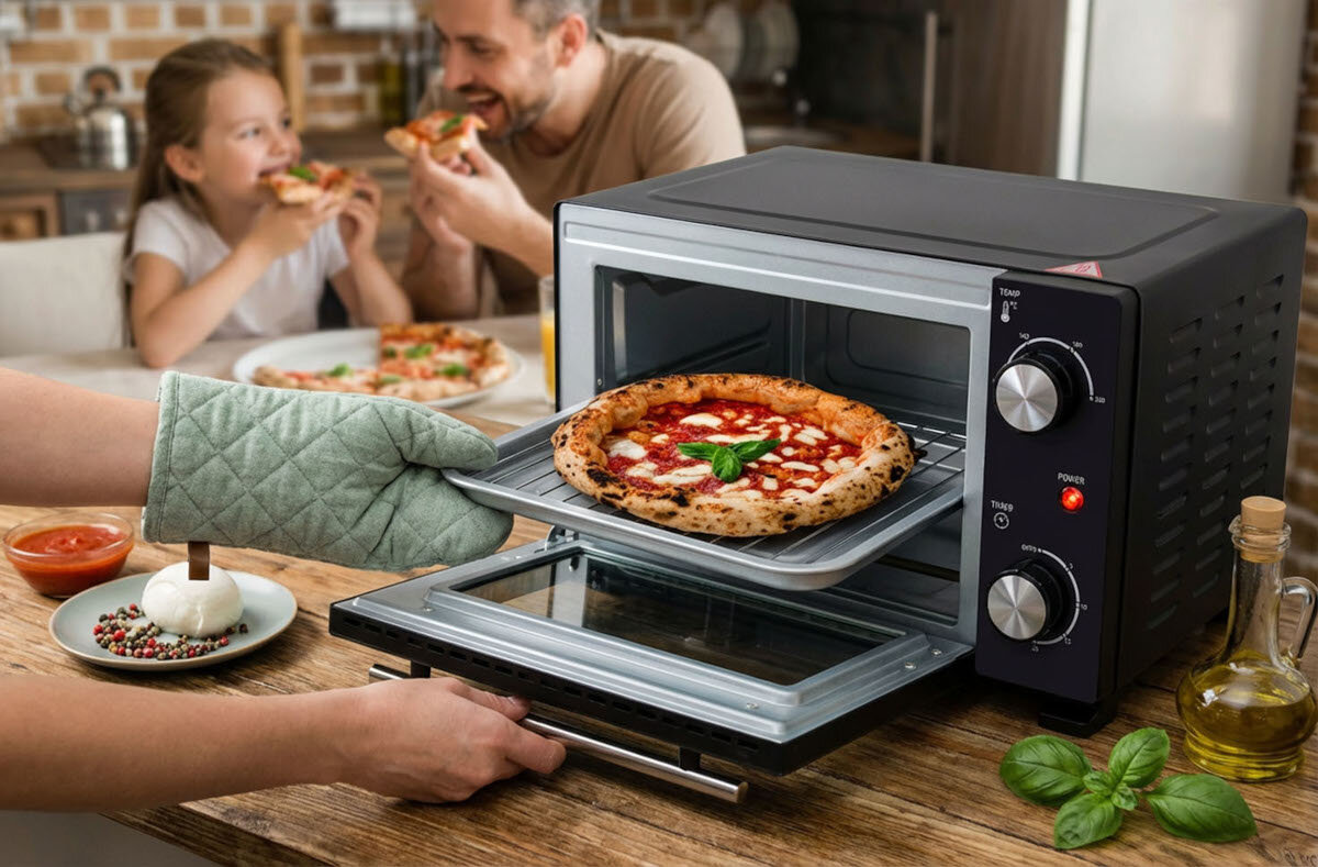 Osoba wyciąga pizzę z mini piekarnika, obok którego znajdują się składniki do pizzy. W tle widać dwie osoby jedzące pizzę przy stole.