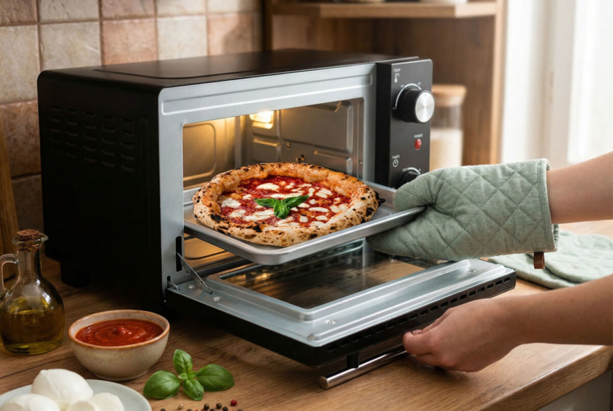 Osoba w rękawicy kuchennej wyciąga pizzę z mini piekarnika na blaszce. Obok piekarnika znajdują się składniki do pizzy, takie jak sos pomidorowy i bazylia.