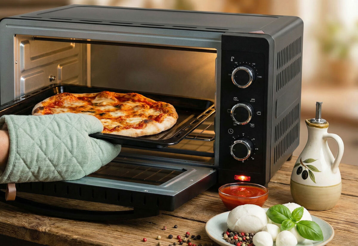 Mini piekarnik z otwartymi drzwiczkami, w którym znajduje się pizza na blasze. Obok piekarnika stoi butelka z oliwą, miseczka z sosem pomidorowym oraz talerz z mozzarellą i bazylią.