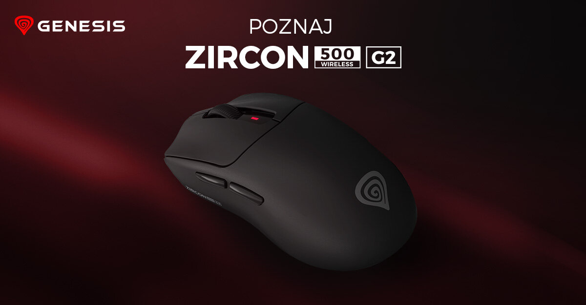 Czarna mysz komputerowa z logo GENESIS, widoczna na ciemnym tle. Tekst na obrazie: \'POZNAJ ZIRCON 500 WIRELESS G2\'.