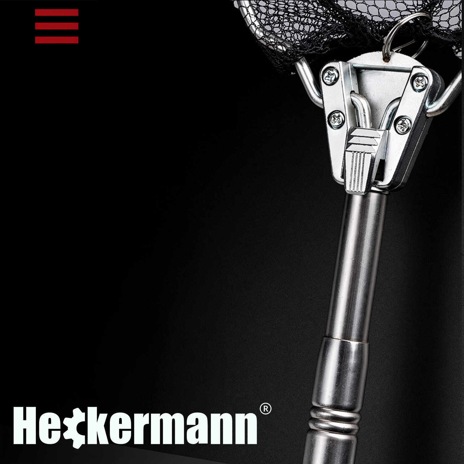 Obraz przedstawia metalowy podbierak teleskopowy z siatką, z widocznym mechanizmem mocującym. Na dole widoczne jest logo \'Heckermann\'.