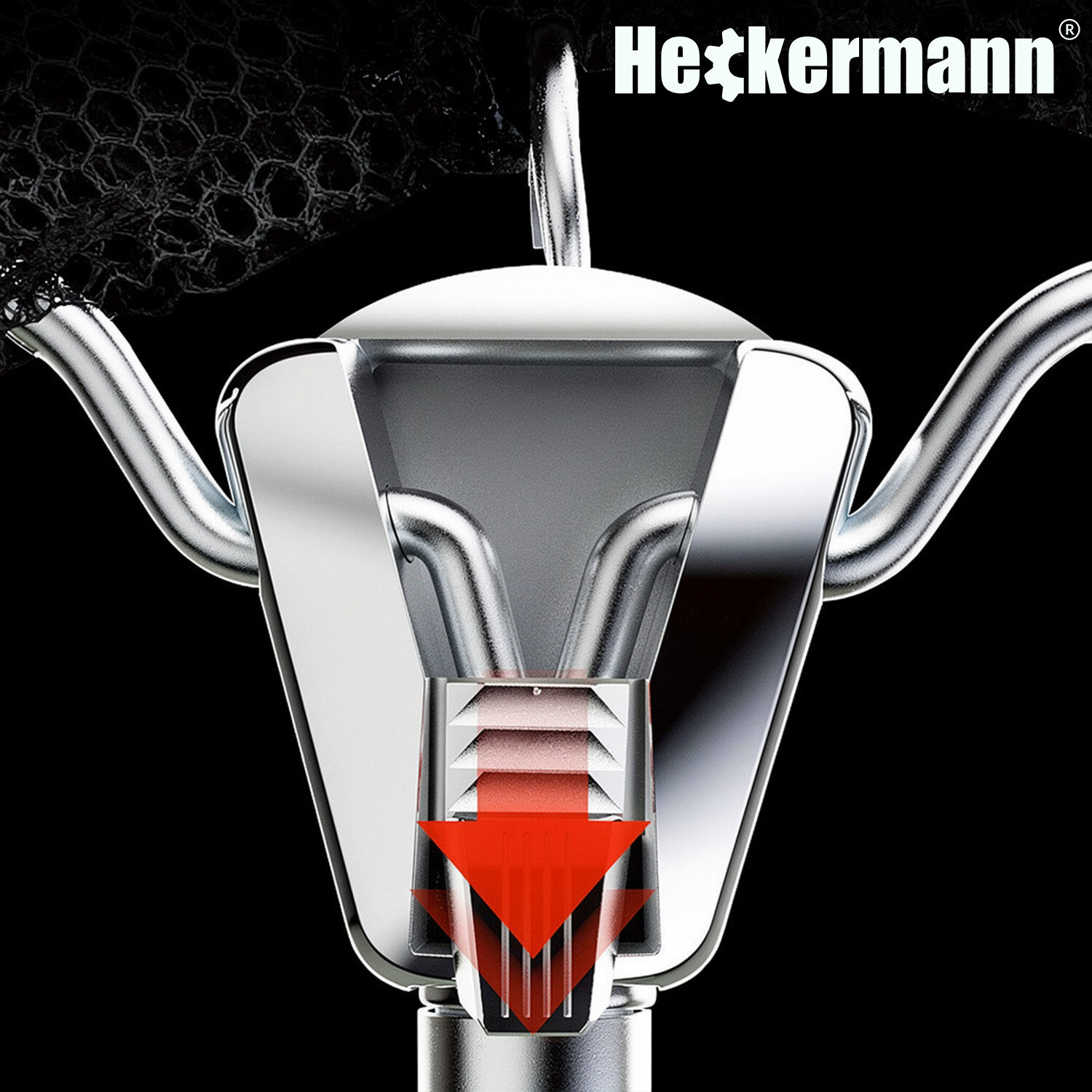 Obraz przedstawia metalowy element konstrukcyjny z czerwonym trójkątem skierowanym w dół. W prawym górnym rogu widoczne jest logo \'Heckermann\'.