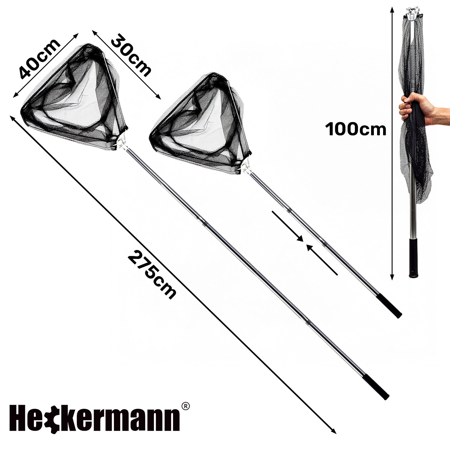 Obraz przedstawia podbierak teleskopowy z siatką, o długości 275 cm i szerokości 40 cm, z możliwością złożenia do 100 cm. Widoczne jest logo \'Heckermann\'.