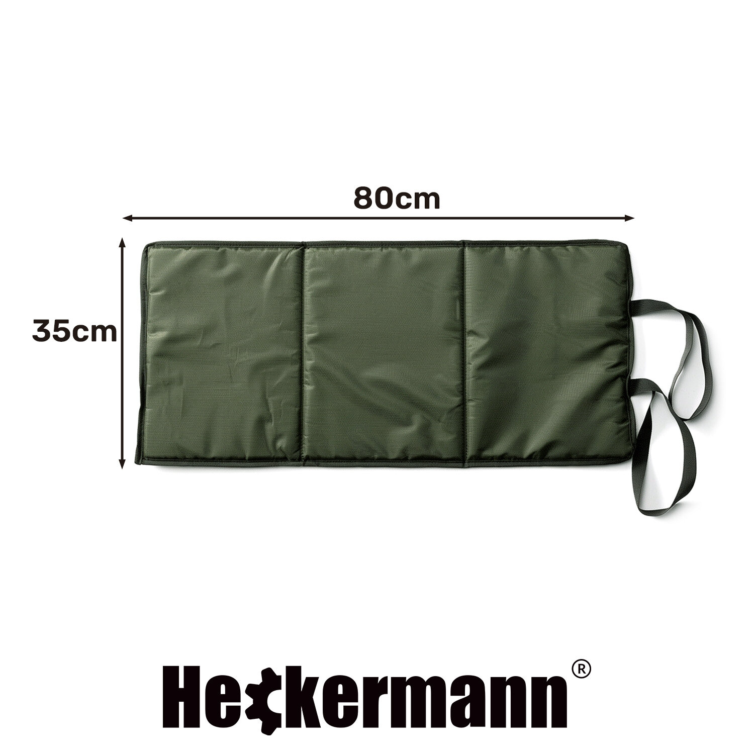 Zielona mata o wymiarach 80 cm na 35 cm z trzema segmentami i uchwytami. Na dole widoczne jest logo \'Heckermann\'.