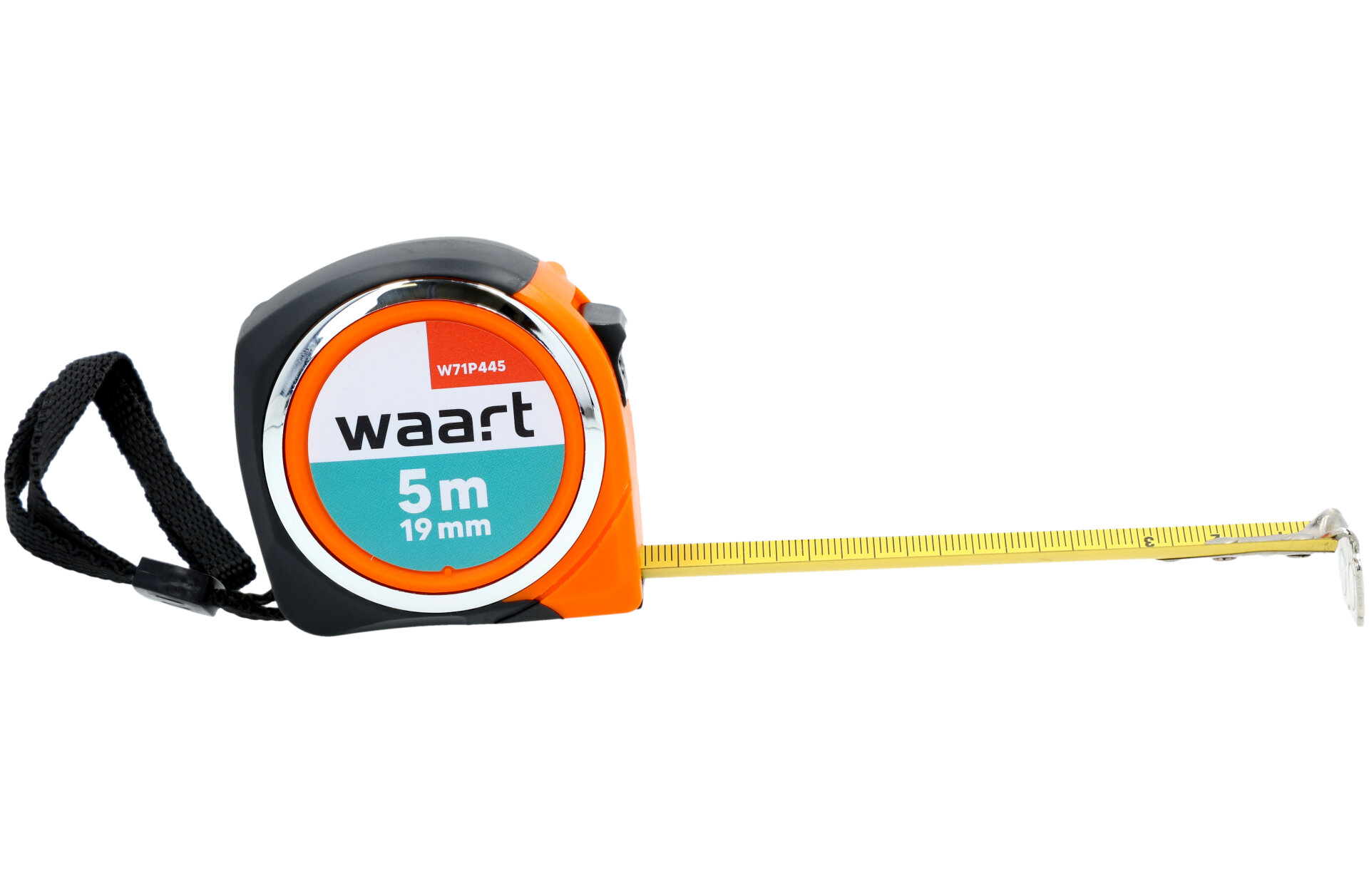 Na obrazie widoczna jest miara zwijana z logo \'waart\' oraz oznaczeniem \'5m 19mm\'. Miara ma pomarańczowo-czarną obudowę i wysuniętą żółtą taśmę pomiarową.