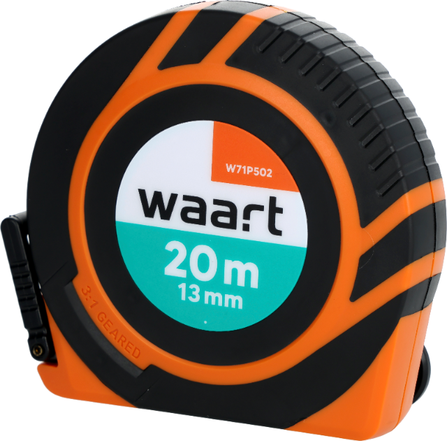 Na obrazie widoczna jest pomarańczowo-czarna taśma miernicza z napisem \'waart 20 m 13 mm\' oraz oznaczeniem \'W71P502\'.