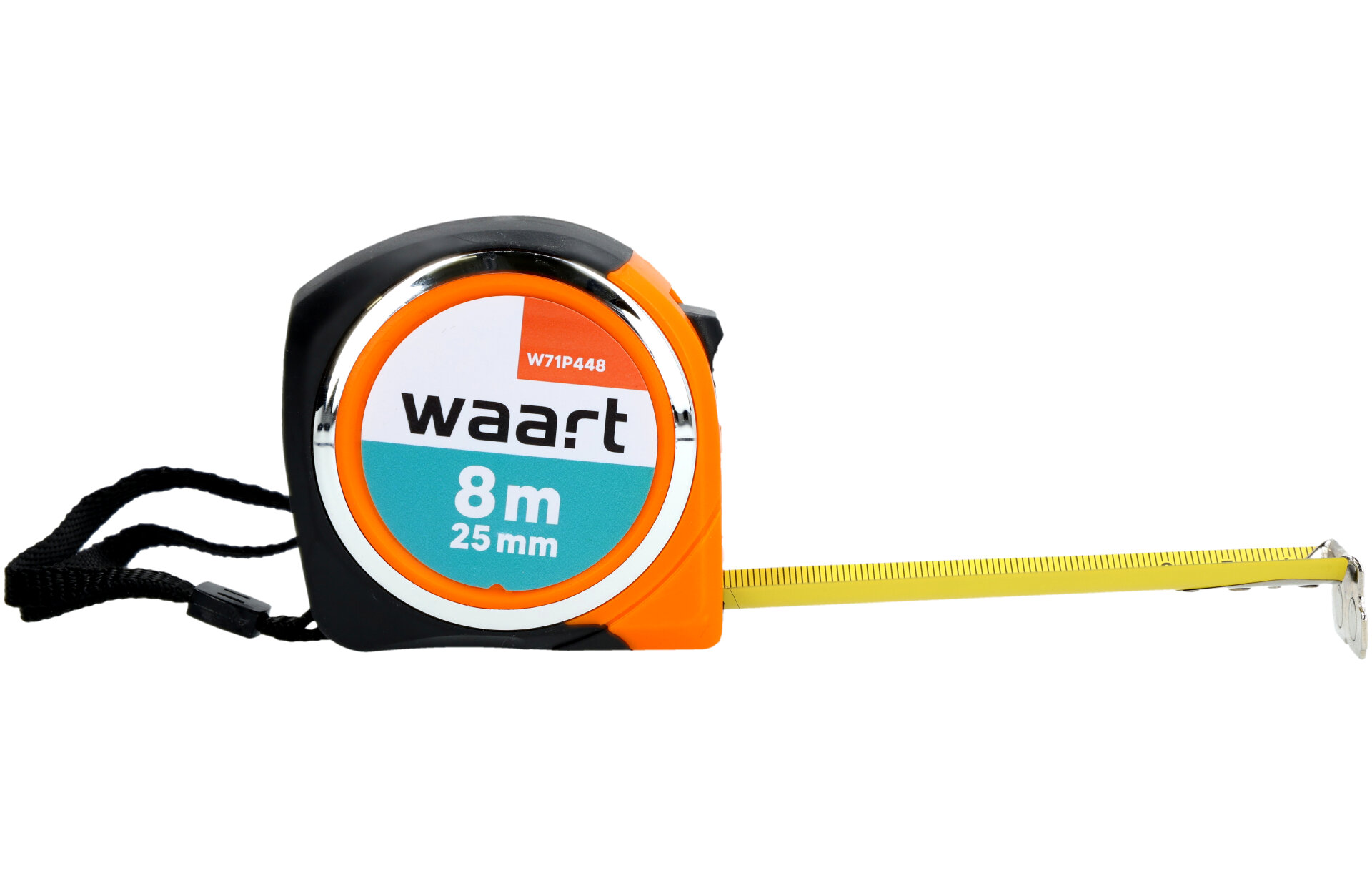 Na obrazie widoczna jest miara zwijana z logo \'waart\' oraz oznaczeniem \'8m 25mm\'. Miara ma czarno-pomarańczową obudowę i wysuniętą żółtą taśmę pomiarową.