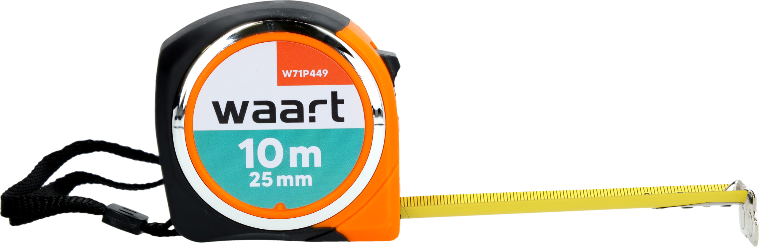 Miara zwijana stalowa z logo \'waart\' i oznaczeniem \'10m 25mm\' na kolorowej etykiecie. Obudowa jest czarno-pomarańczowa z wysuniętą żółtą taśmą pomiarową.