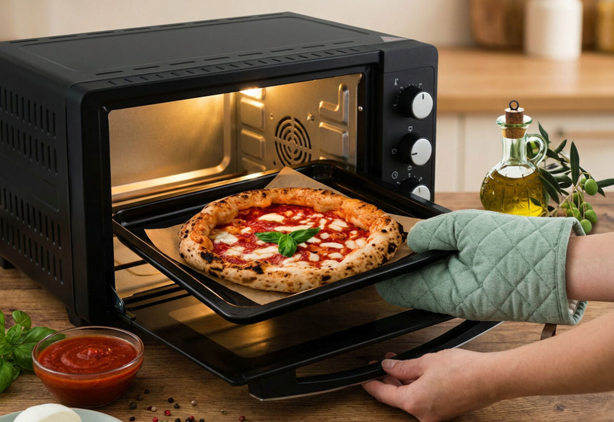 Osoba w rękawicy kuchennej wyciąga pizzę z mini piekarnika. Obok piekarnika stoi butelka oliwy i miseczka z sosem pomidorowym.