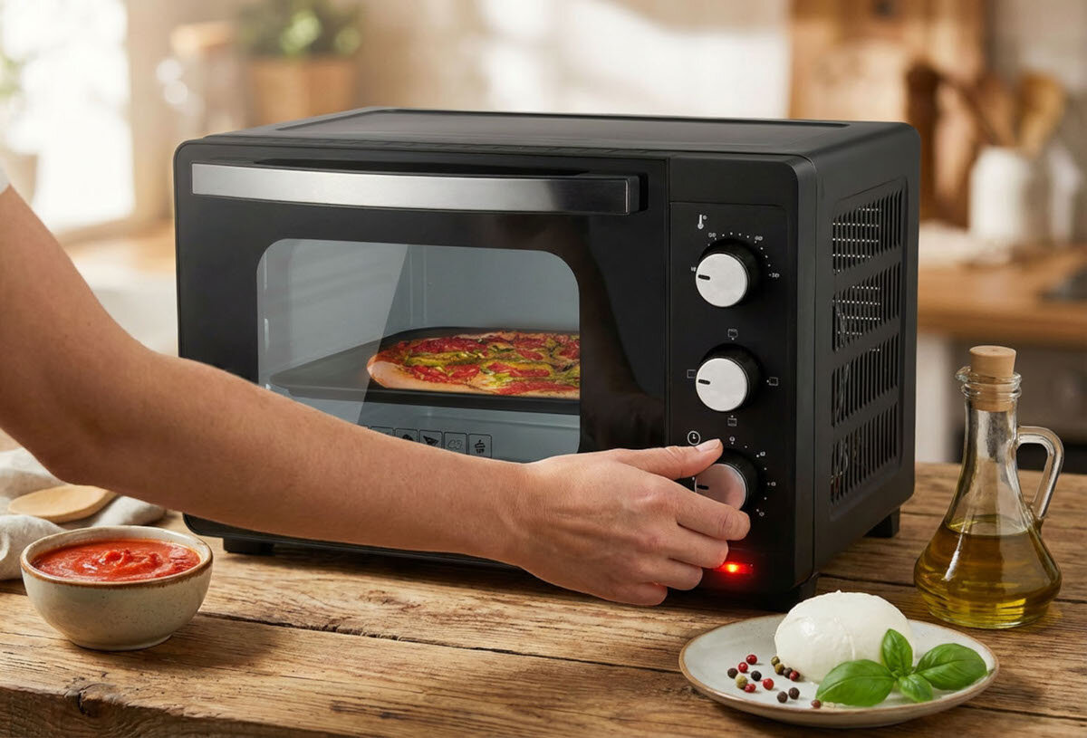 Czarna mini piekarnik z przezroczystymi drzwiczkami, w środku znajduje się pizza. Obok piekarnika na drewnianym blacie stoją miseczki z sosem pomidorowym, oliwa oraz talerz z mozzarellą i bazylią.