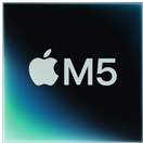Logo z symbolem jabłka i tekstem \'M5\' na ciemnym tle z gradientem zieleni i błękitu.