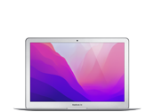 Laptop z wyświetlaczem pokazującym gradientowe tło w odcieniach różu i fioletu. Na dolnej ramce ekranu widoczny jest napis \'MacBook Air\'.