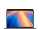 Laptop z wyświetlaczem pokazującym kolorowy gradient od pomarańczowego do niebieskiego. Obudowa jest w ciemnym kolorze.