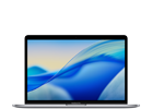 Laptop z wyświetlaczem pokazującym abstrakcyjną grafikę w odcieniach niebieskiego i żółtego. Obudowa jest w ciemnym kolorze.
