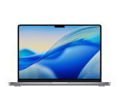 Laptop z wyświetlaczem pokazującym abstrakcyjną grafikę w odcieniach niebieskiego i żółtego. Obudowa jest w ciemnym kolorze, a ekran ma cienkie ramki.