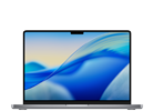 Laptop z wyświetlaczem pokazującym abstrakcyjną grafikę w odcieniach niebieskiego i żółtego. Obudowa jest w ciemnym kolorze, a na górnej krawędzi ekranu widoczny jest wcięcie na kamerę.