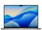 Laptop z wyświetlaczem Retina, na ekranie widoczna abstrakcyjna grafika w odcieniach niebieskiego i żółtego. Obudowa jest w kolorze ciemnym, a na górnej ramce ekranu znajduje się wycięcie na kamerę.