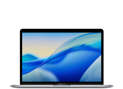 Laptop z wyświetlaczem pokazującym abstrakcyjną grafikę w odcieniach niebieskiego i żółtego. Obudowa jest w ciemnym kolorze.