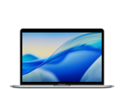 Laptop z wyświetlaczem pokazującym abstrakcyjną grafikę w odcieniach niebieskiego i żółtego. Obudowa jest w ciemnym kolorze.