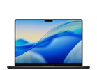 Laptop z wyświetlaczem o cienkich ramkach, na ekranie widoczna abstrakcyjna grafika w odcieniach niebieskiego. Obudowa w kolorze ciemnym, klawiatura z dużym touchpadem.