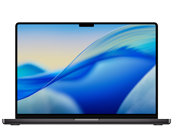 Laptop z wyświetlaczem Retina, na ekranie widoczna abstrakcyjna grafika w odcieniach niebieskiego i żółtego. Obudowa w kolorze ciemnym, logo producenta APPLE na pokrywie.