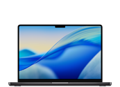 Laptop z wyświetlaczem pokazującym abstrakcyjną grafikę w odcieniach niebieskiego. Obudowa jest w ciemnym kolorze, a na ekranie widoczny jest wąski pasek na górze.