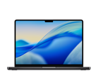 Laptop z wyświetlaczem o cienkich ramkach, na ekranie widoczna jest abstrakcyjna grafika w odcieniach niebieskiego i żółtego. Obudowa jest w ciemnym kolorze, a na dolnej części ekranu znajduje się logo producenta: APPLE.