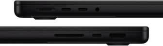 Dwa widoki boczne laptopa w kolorze czarnym, z widocznymi portami USB-C, gniazdem słuchawkowym i otworami wentylacyjnymi.