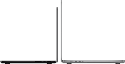 Dwa laptopy ustawione tyłem do siebie, jeden w kolorze czarnym, drugi w kolorze srebrnym. Oba mają cienką konstrukcję i widoczne porty po bokach.