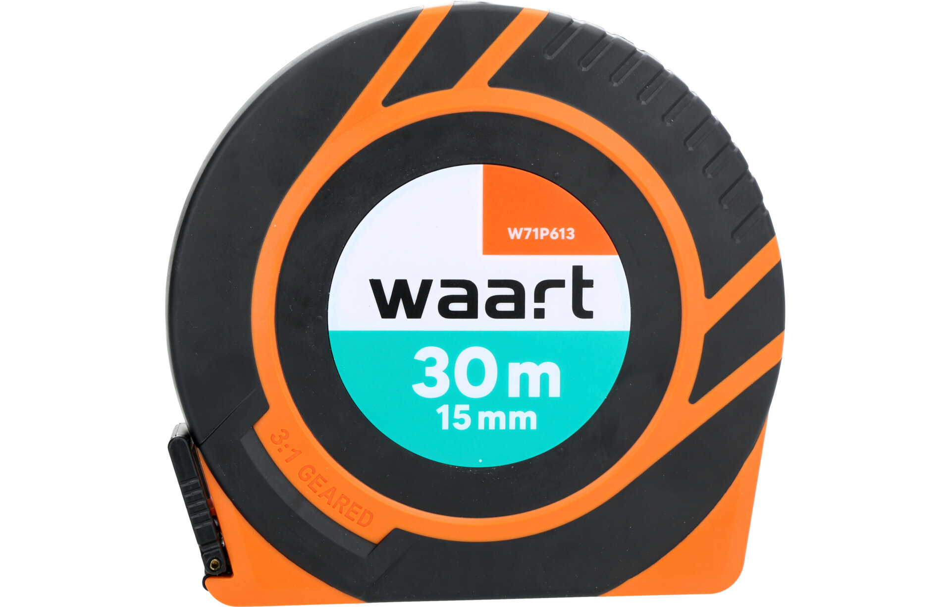 Na obrazie widoczna jest taśma miernicza z napisem \'waart 30m 15mm\' oraz oznaczeniem \'W71P613\'. Obudowa jest czarno-pomarańczowa z widocznym mechanizmem zwijania.