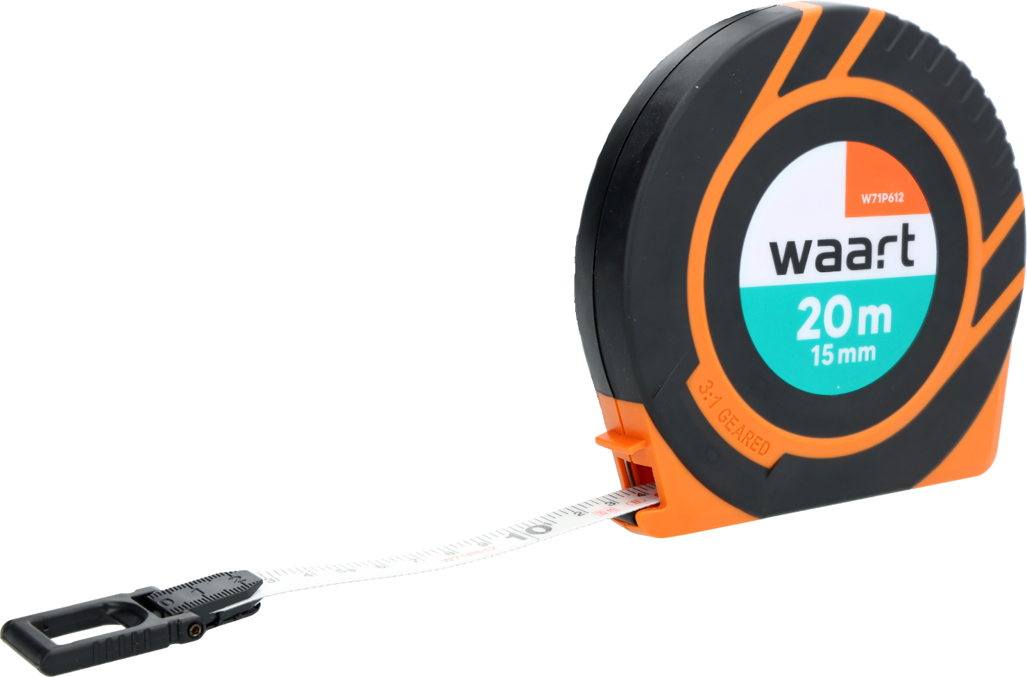 Na obrazie znajduje się zwijana taśma miernicza z włókna szklanego o długości 20 metrów i szerokości 15 mm. Na obudowie widoczne jest logo \'waart\' oraz napis \'20m 15mm\'.