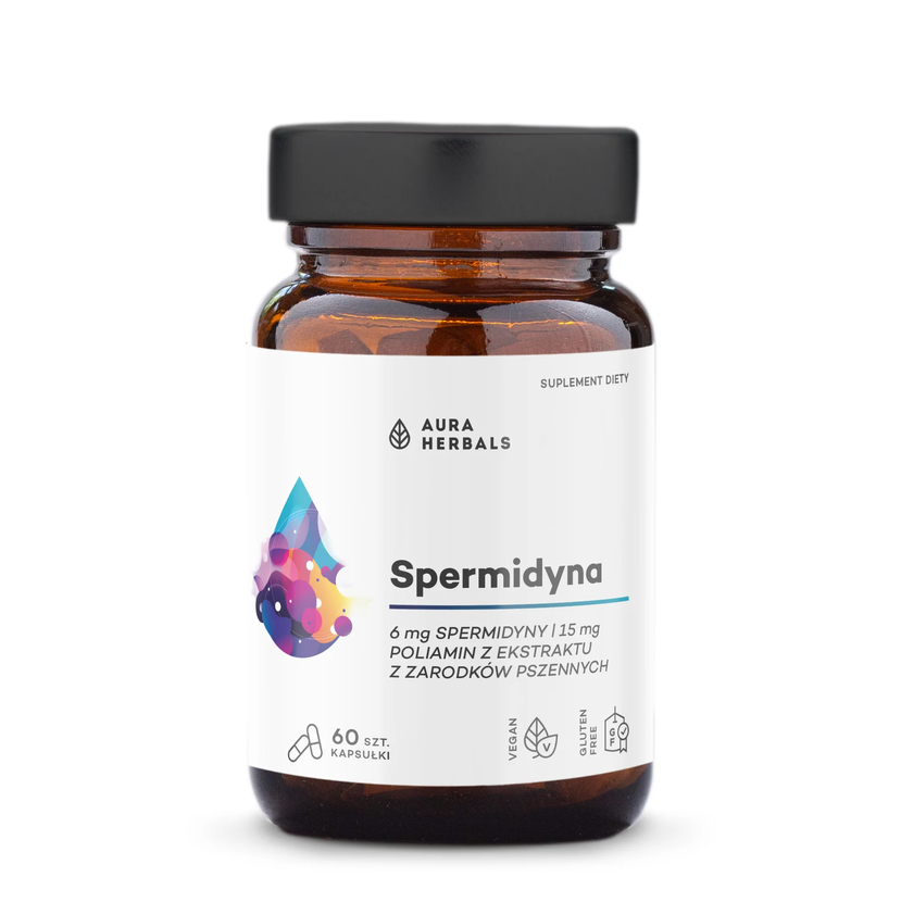 Szklany słoik z czarną zakrętką zawiera suplement diety \'Aura Herbals Spermidyna\'. Etykieta informuje o zawartości 60 kapsułek oraz składzie: 6 mg spermidyny i 15 mg poliamin z ekstraktu z zarodków pszennych.