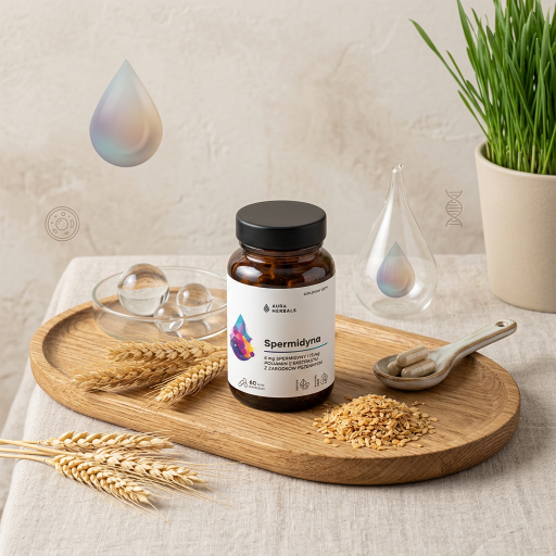 Na drewnianej tacy znajduje się brązowa butelka z etykietą \'Aura Herbals Spermidyna 60 Kaps.\', obok której leżą ziarna i kłosy pszenicy oraz kapsułki na łyżeczce. W tle widoczna jest roślina w doniczce i szklane kulki.