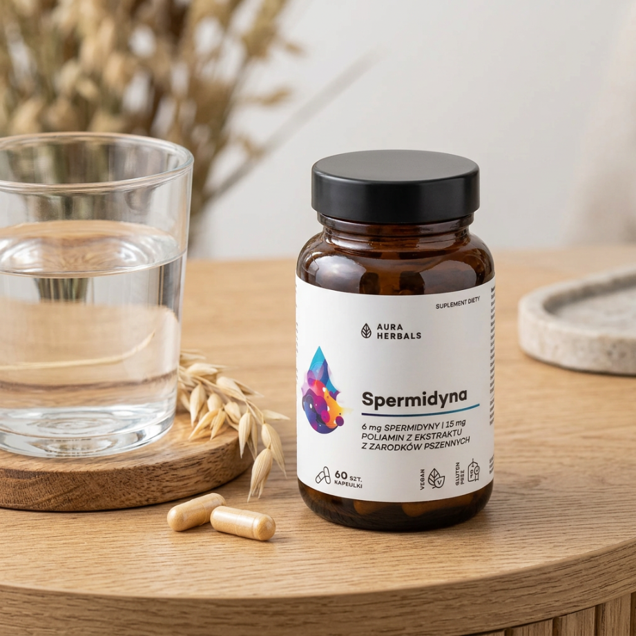 Na drewnianym blacie stoi szklany słoik z etykietą \'Aura Herbals Spermidyna\', obok leżą dwie kapsułki i szklanka wody. Etykieta zawiera informacje: \'6 mg spermidyny i 15 mg poliamin z ekstraktu z zarodków pszennych, 60 szt. kapsułki\'.