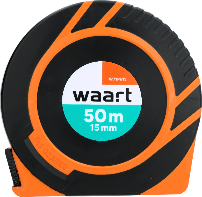 Obraz przedstawia czarną taśmę mierniczą z pomarańczowymi elementami. Na środku widnieje napis: \'waart 50m 15mm\'.