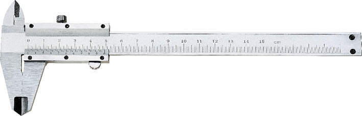 Metalowa suwmiarka z podziałką centymetrową od 0 do 15 cm, z dokładnością do 0,02 mm. Posiada śrubę blokującą i ruchomą szczękę pomiarową.