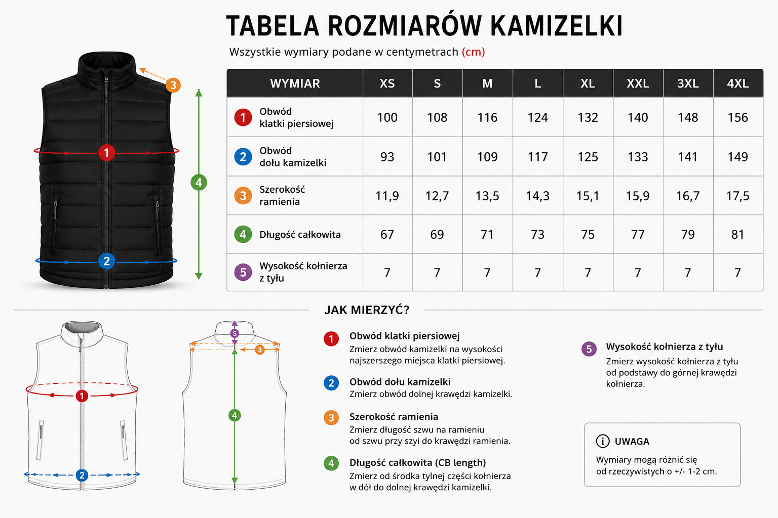 Tabela rozmiarów kamizelki z wymiarami w centymetrach dla rozmiarów od XS do 4XL oraz instrukcje, jak mierzyć poszczególne wymiary. Widoczna jest czarna kamizelka z zamkiem błyskawicznym i opisane wymiary: obwód klatki piersiowej, obwód dołu kamizelki, szerokość ramienia, długość całkowita i wysokość kołnierza z tyłu.