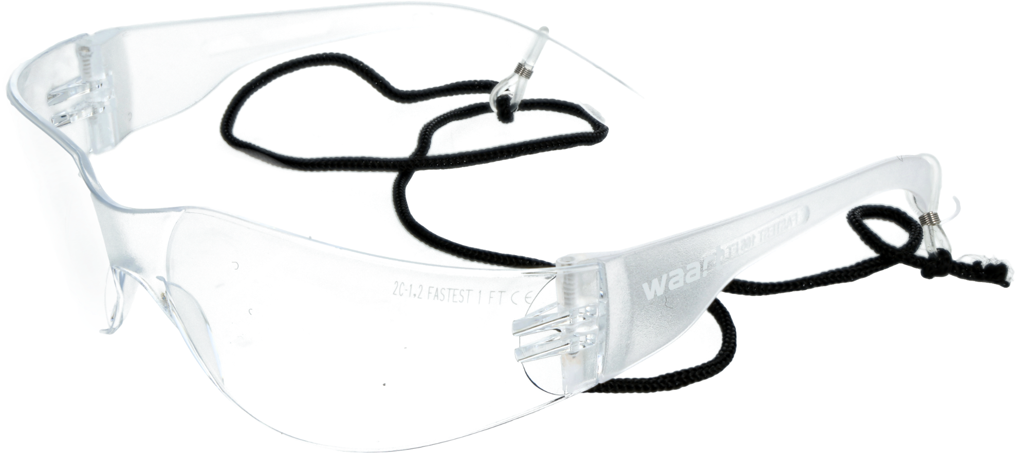 Przezroczyste okulary ochronne z poliwęglanu z czarnym sznurkiem. Na zauszniku widoczne jest logo \'waart\'.