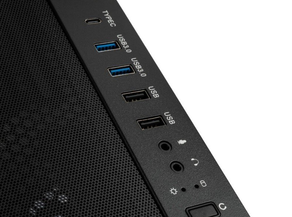 Panel przedni komputera z portami: TYPE-C, dwa USB 3.0, dwa USB oraz gniazda audio. Widoczne są także ikony mikrofonu, słuchawek, oświetlenia i przycisk zasilania.