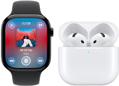 Smartwatch z wyświetlaczem pokazującym odtwarzacz muzyki z utworem \'All of Me\' oraz słuchawki bezprzewodowe w etui z zieloną diodą.